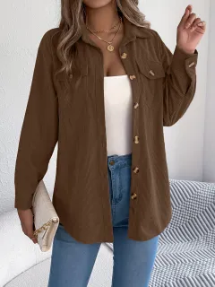 European And American Corduroy Striped Mid-length Coat Shirt - Brown - View 1
