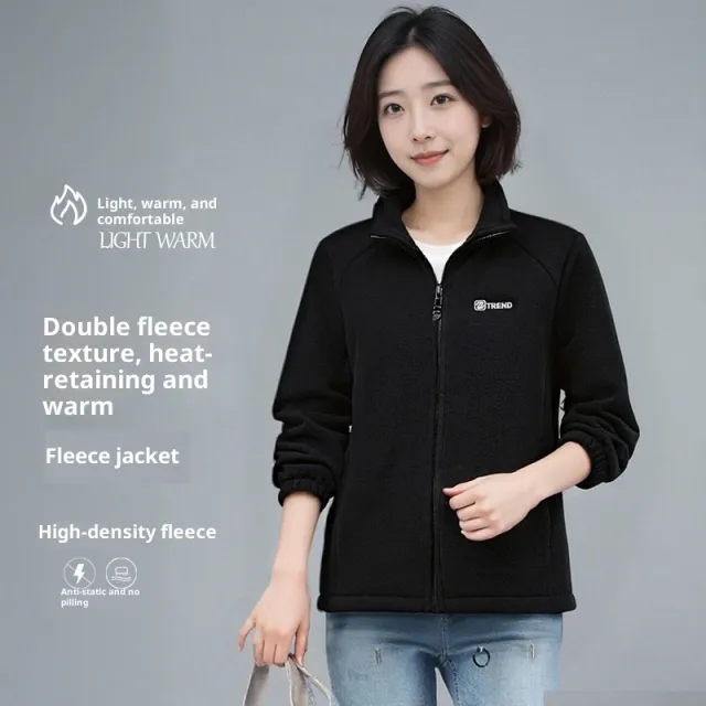 Fleece lined Polar Fleece Jacket Warm Stand Collar Cardigan Black - Shop at LoveMi