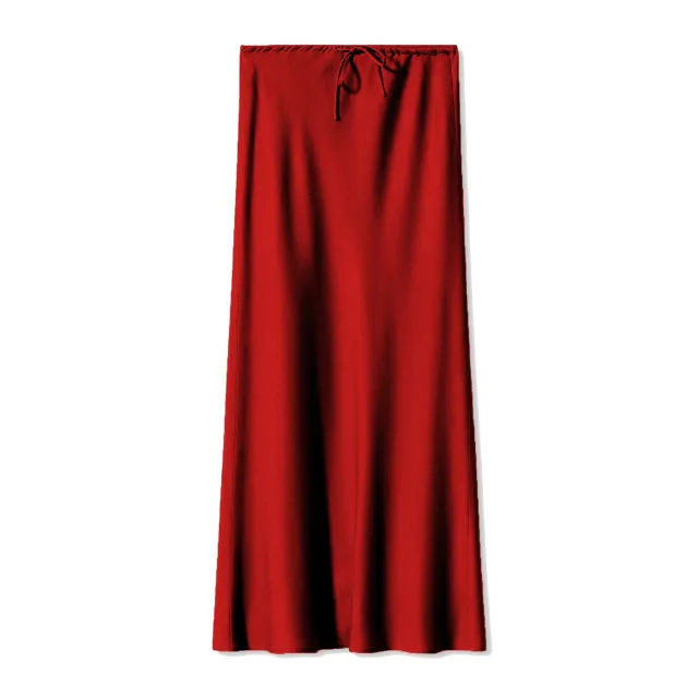 Satin Dress High Waist Drawstring Lace up Solid Skirt Women Bright Red - Shop at LoveMi