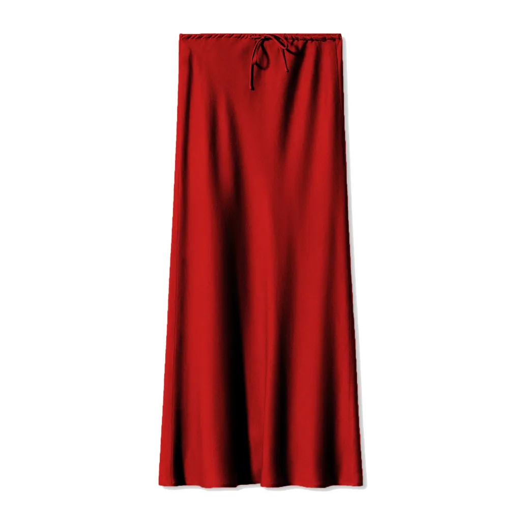 Satin Dress High Waist Drawstring Lace-up Solid Skirt Women - Bright Red