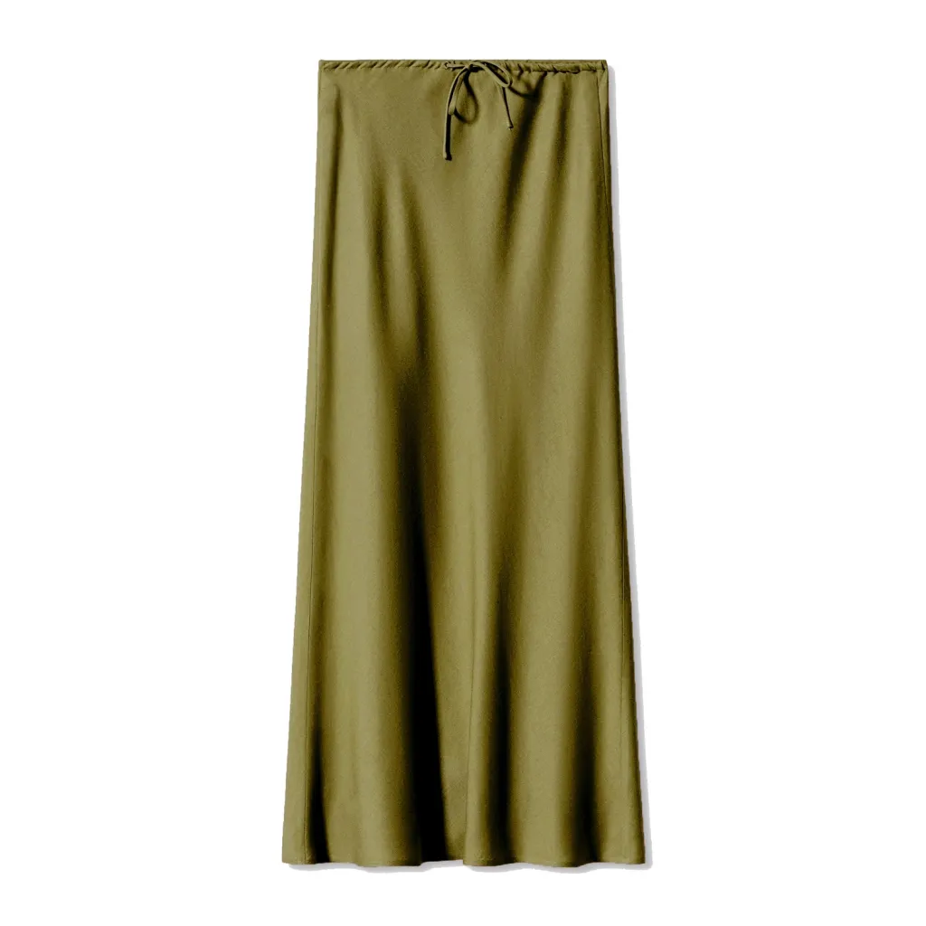 Satin Dress High Waist Drawstring Lace-up Solid Skirt Women - Olive Green