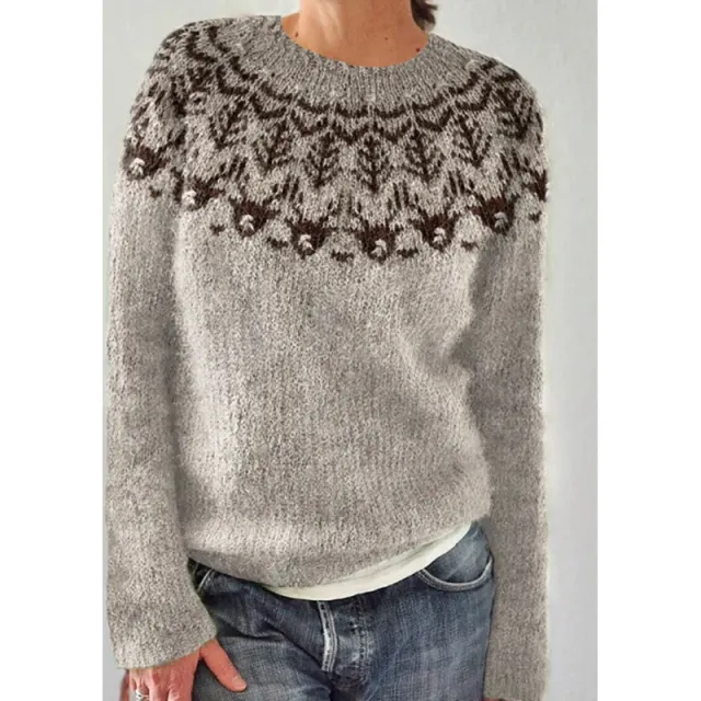 Printed Round Neck Sweater Thick Needle Fabric Style 8628 - Shop at LoveMi