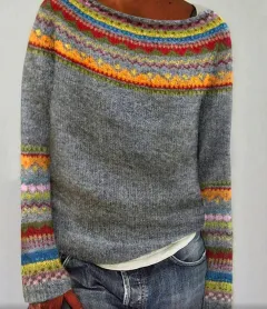 Printed Round Neck Sweater Thick Needle Fabric - Style 8559-M - View 1