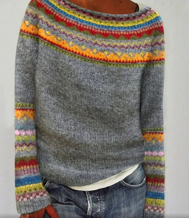 Printed Round Neck Sweater Thick Needle Fabric Style 8559 M - Shop at LoveMi