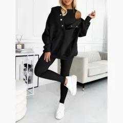 Women's Solid Colour Vest Hoodie And Pants Set - Black - View 1