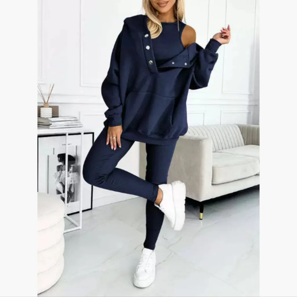 Women's Solid Color Vest Hoodie And Pants Set - Dark Blue