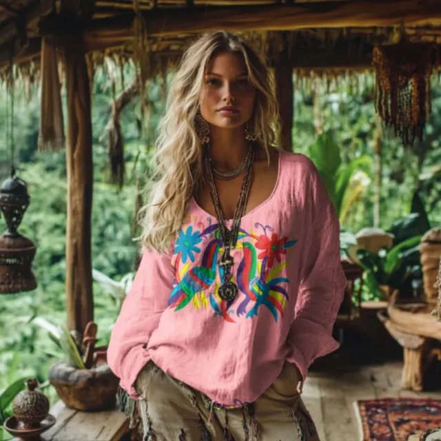 Women's Multiple Color Floral And Bird Art Print Cotton And Linen Shirt Pink - Shop at LoveMi