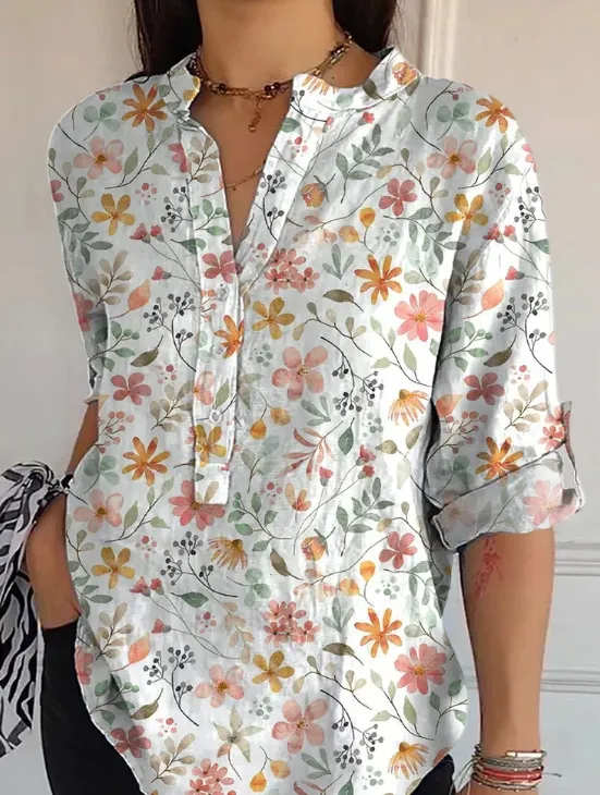 Watercolor Meadows Floral Pattern Printed Casual Long Sleeve Comfortable Cotton Shirt Floral - Shop at LoveMi