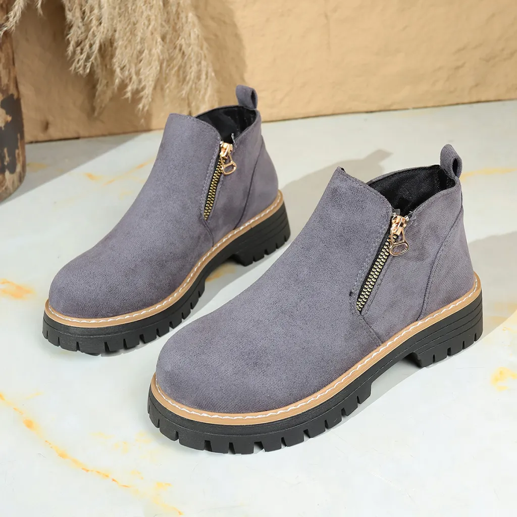 Fashion Ankle Boots With Side Zipper Ins Chunky Boots Autumn Winter Suede Shoes Women - Grey