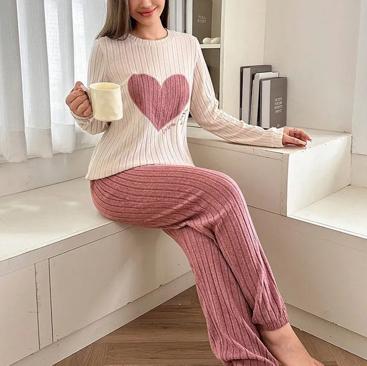 Women's Love Pajamas Two-piece Trousers Long Sleeve Loose And Comfortable - Lotus Root Color