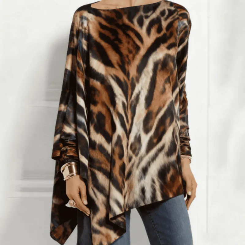 Asymmetrical Top With Vintage Leopard Print - Black