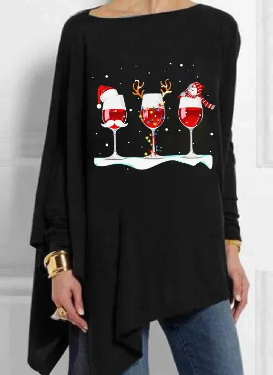 Christmas Wine Glass Printed Casual Mid Length Women's Tops Black - Shop at LoveMi