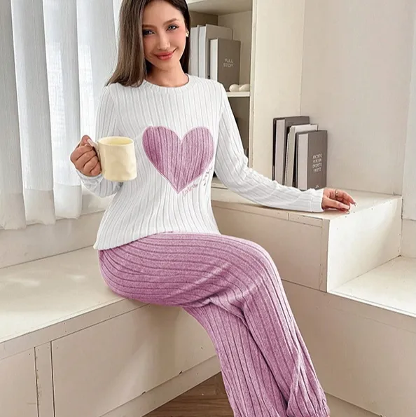 Women's Love Pajamas Two-piece Trousers Long Sleeve Loose And Comfortable - Violet-S