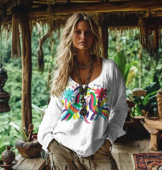 Women's Multiple Color Floral And Bird Art Print Cotton And Linen Shirt White - Shop at LoveMi