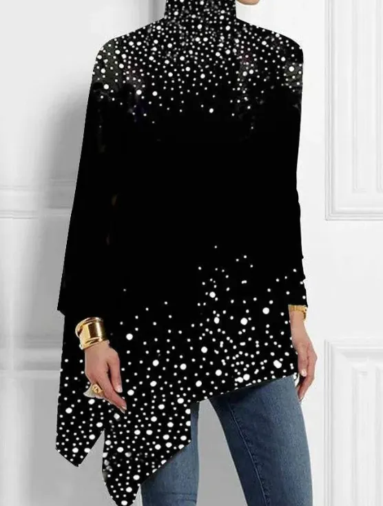 Polka Dot Print Turtleneck Asymmetrical Top Black - Shop at LoveMi
