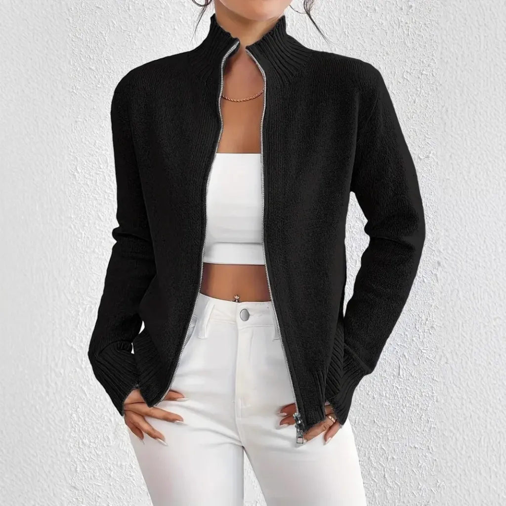 Stand Collar Zipper Sweater Fashionable Knitted - Black