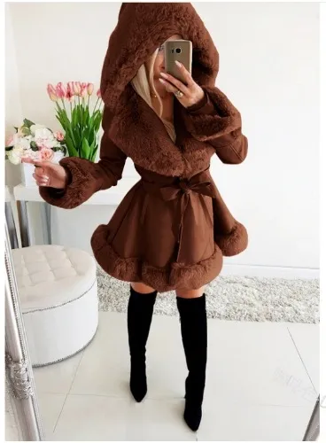 Women's Thermal Hooded Lapel Fur Splicing Coat Brown - Shop at LoveMi