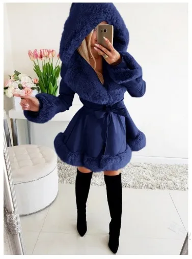 Women's Thermal Hooded Lapel Fur Splicing Coat - Blue