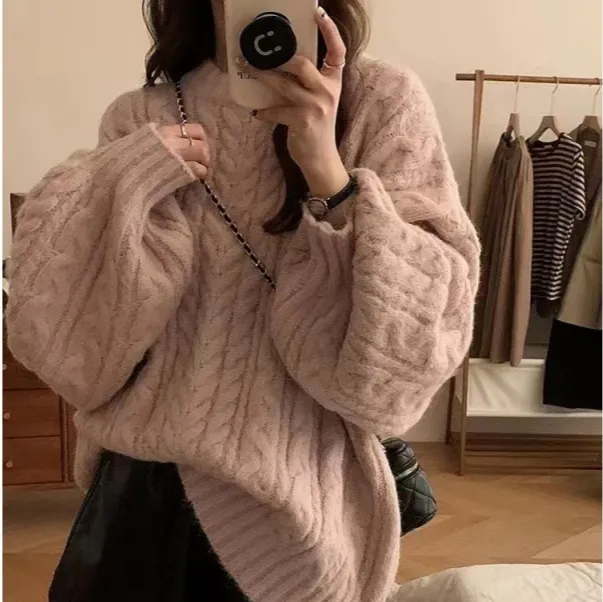 Idle Style Korean Style Loose Sweater Coat Women Pink - Shop at LoveMi