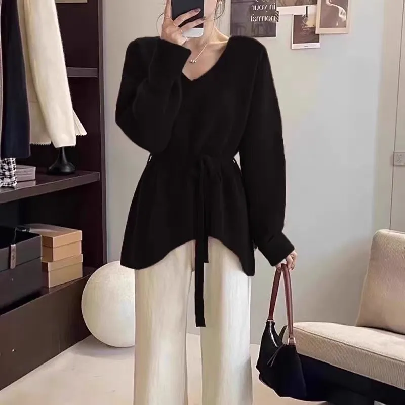 French Style Sweater Women's Mid-length Lazy Design Lace-up - Black
