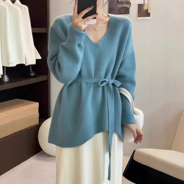 French Style Sweater Women's Mid length Lazy Design Lace up Light Blue - Shop at LoveMi