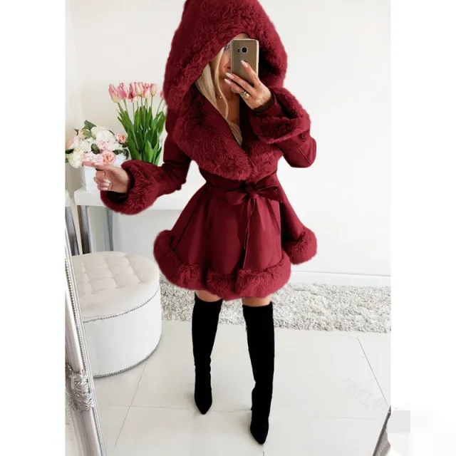 Women's Thermal Hooded Lapel Fur Splicing Coat Wine Red - Shop at LoveMi