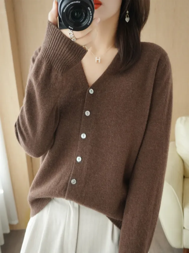 Cardigan V neck Sweater Loose Bottoming Sweater Coffee - Shop at LoveMi