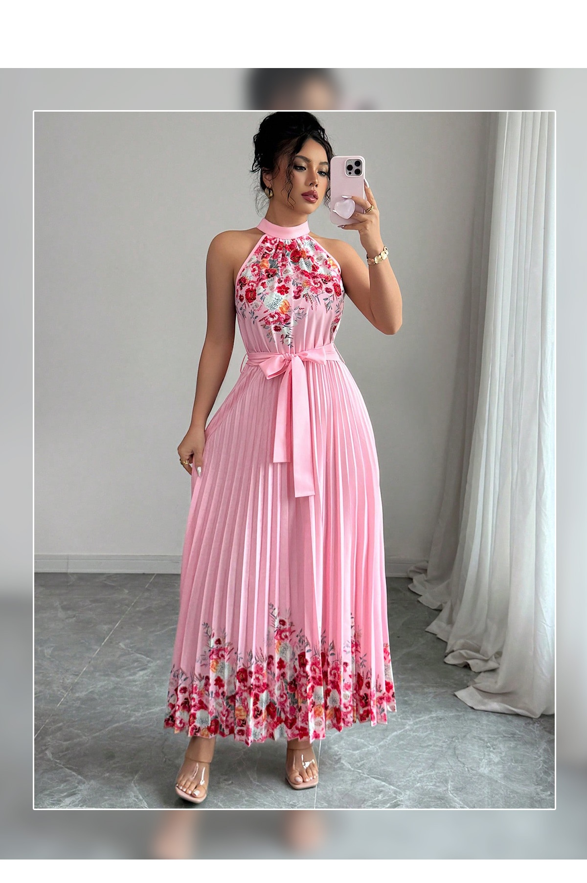 Women's Fashionable Printed Pleated Long Dress - Image 5