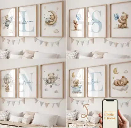 Cute Watercolor Little Bear Cartoon Art Canvas Painting