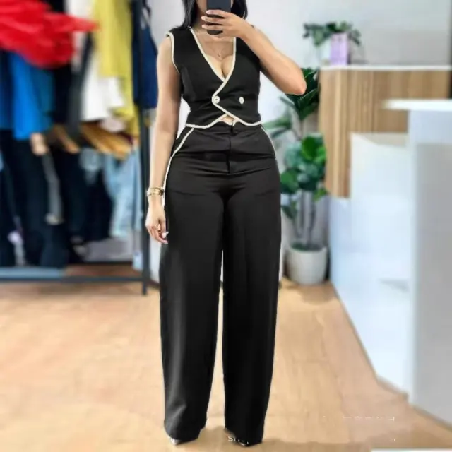Fashion Colorblock Short Sleeveless Vest Suit Women Black - Shop at LoveMi