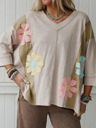 Light Blue Flower Patched Exposed Seam Bracelet Sleeve Oversized T Shirt - Khaki