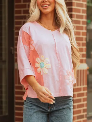 Light Blue Flower Patched Exposed Seam Bracelet Sleeve Oversized T Shirt - Red