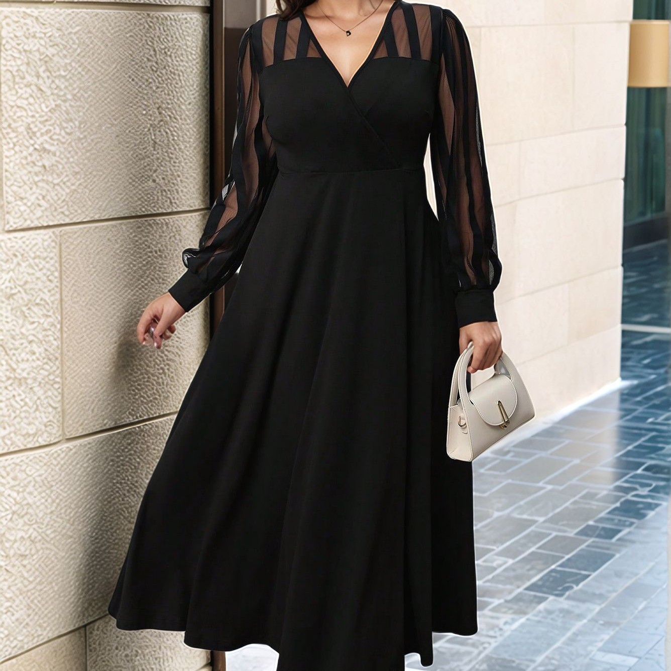Women's Clothing V neck Long sleeve Dress Black - Shop at LoveMi