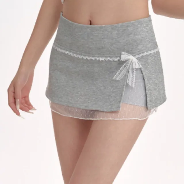Gray Midi Skirt With Patchwork Lace Trim For Women, Summer Light Gray - Shop at LoveMi
