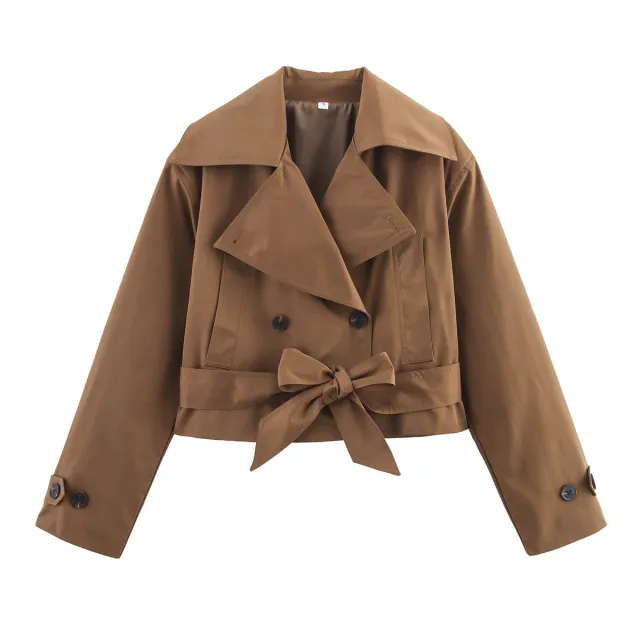 Simple All matching Short Series Belt Long Sleeve Trench Coat Jacket Brown - Shop at LoveMi