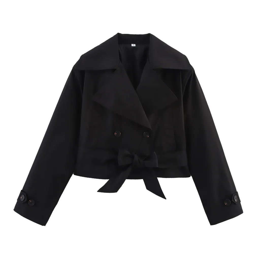 Simple All-matching Short Series Belt Long Sleeve Trench Coat Jacket - Black