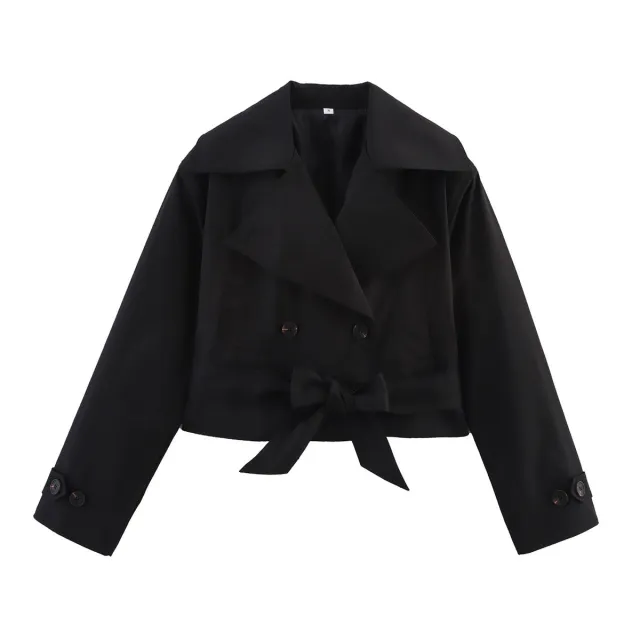 Simple All matching Short Series Belt Long Sleeve Trench Coat Jacket Black - Shop at LoveMi