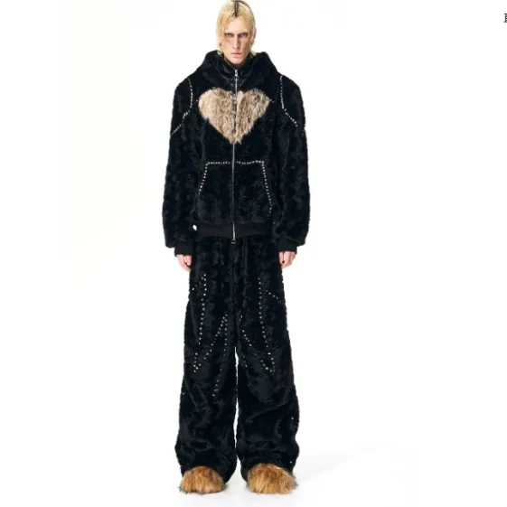 Color-blocked Heart-patterned Thick Faux Fur Hooded Jacket