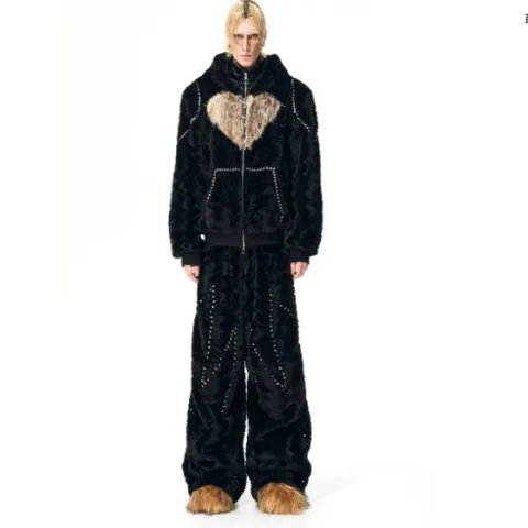 Color-blocked Heart-patterned Thick Faux Fur Hooded Jacket