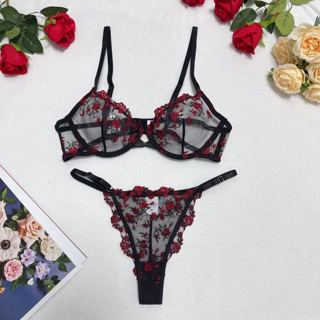 Lace Steel Bracket Transparent Mesh Sexy Lingerie Set - Black