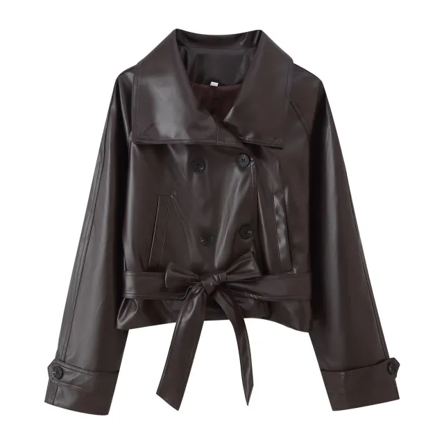 Trendy Wild Two color Double Breasted Short Lace Up Leather Coat Dark Brown - Shop at LoveMi