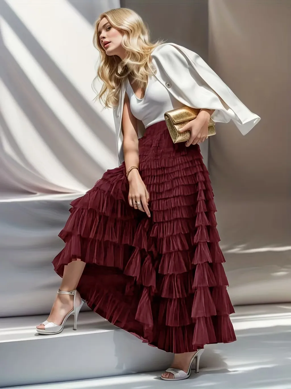 Layered Ruffles Cake Skirt Summer Fashion A Line Swing Mesh Long Skirt Party Dress Women - Maroon