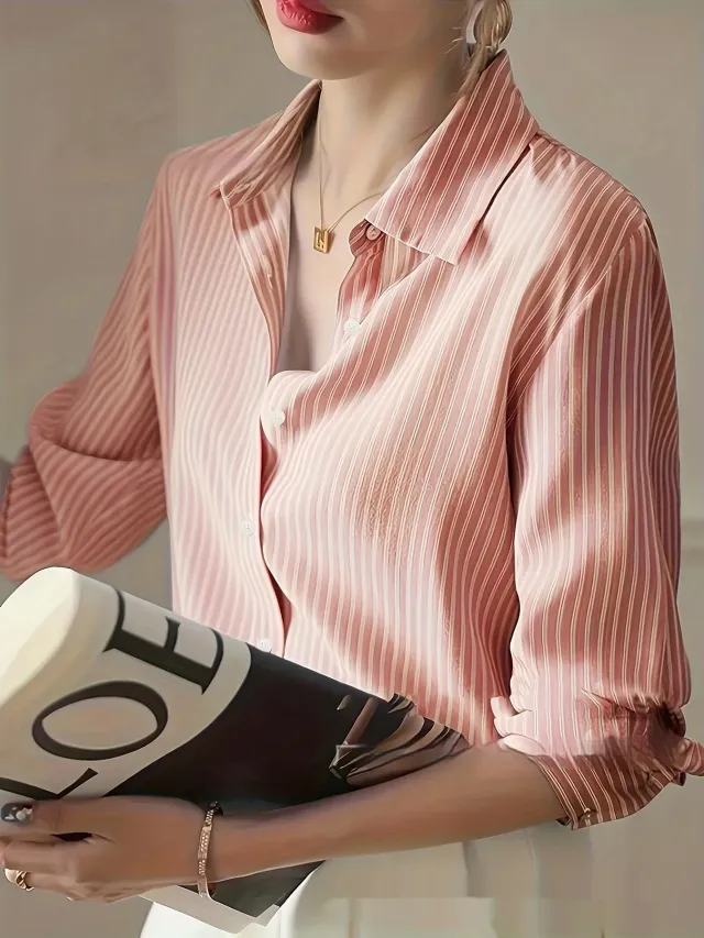 Spring New Striped Casual Shirt For Women Pink - Shop at LoveMi