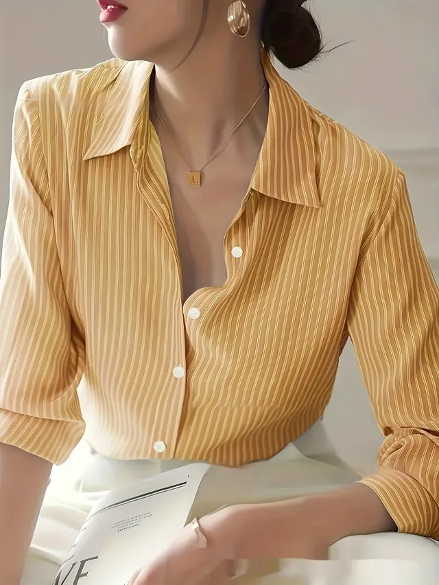 Spring New Striped Casual Shirt For Women Yellow - Shop at LoveMi