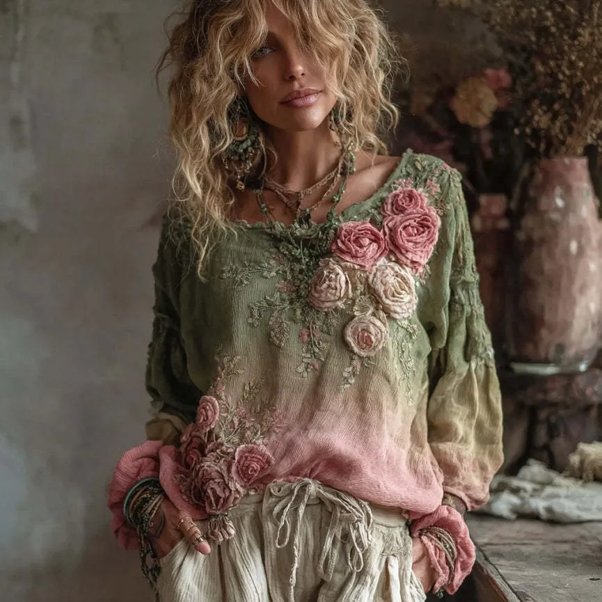Printed Women's Round Neck Long Sleeve Vintage Bohemian Top - Sjwct021-M