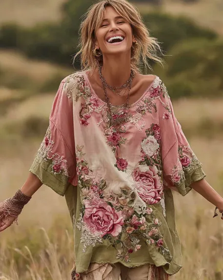Printed Women's Round Neck Long Sleeve Vintage Bohemian Top - Sjwct024-Xl