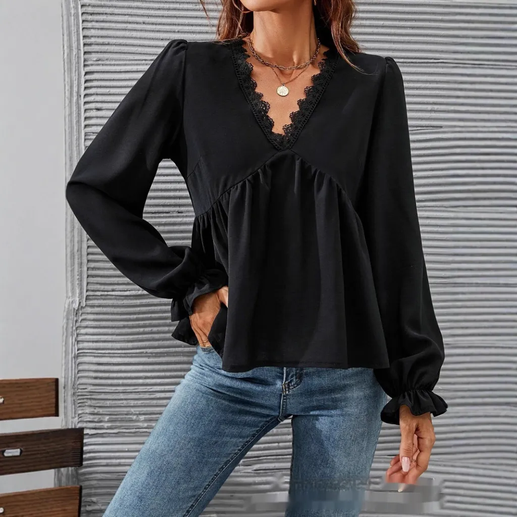 Women's Casual All-match Lace Lining Shirt - Black
