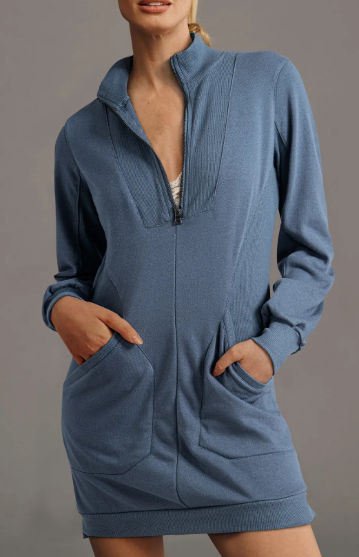 Black Zip Up Collared Ribbed Patchwork Sweatshirt Dress With Pockets Lvy - Shop at LoveMi