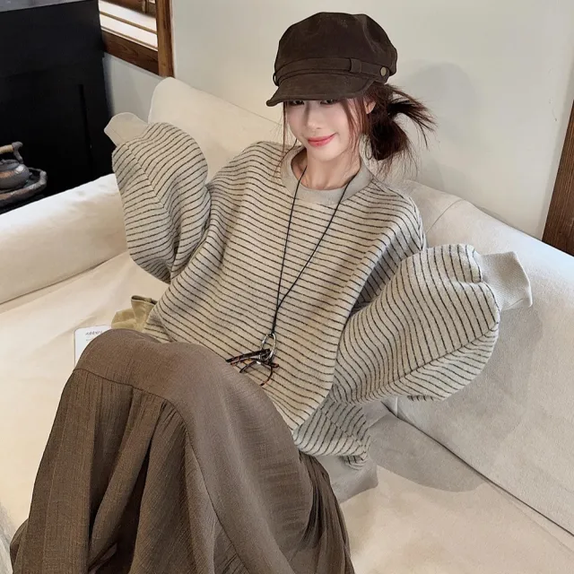 Women's High grade Round Neck Sweater Vintage Stripe Loose Casual Apricot - Shop at LoveMi