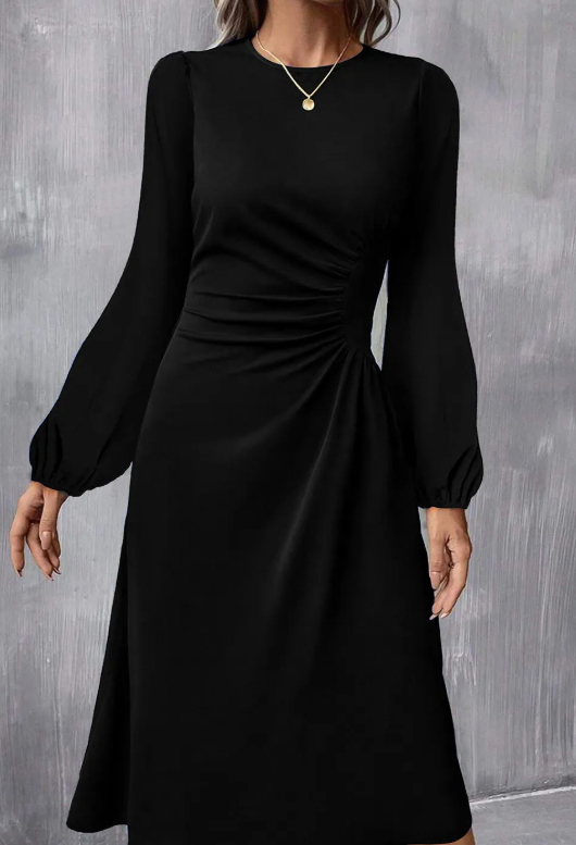 Blackish Green Solid Color Ruched Detail Long Sleeve Midi Dress Green - Shop at LoveMi